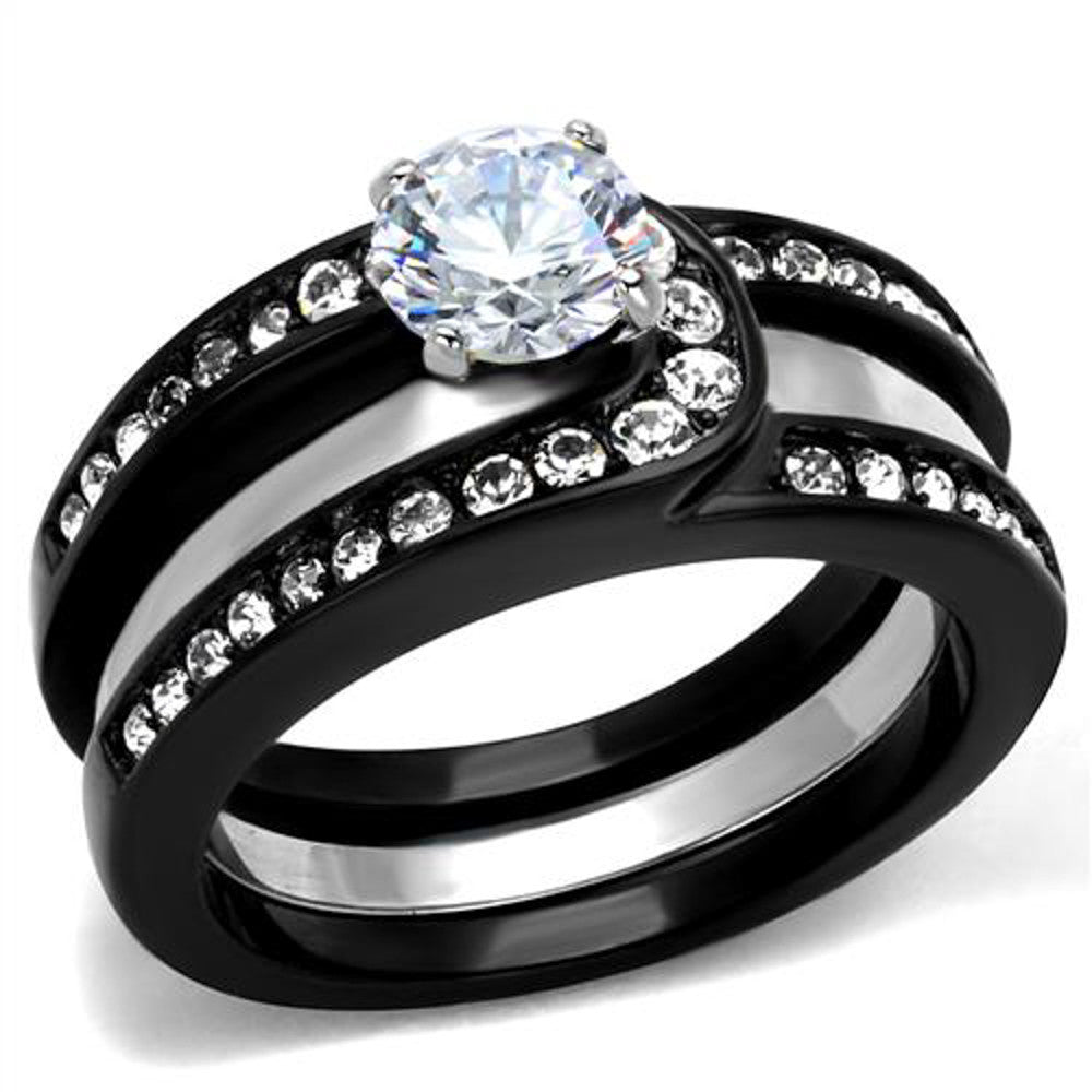 ARTK2303 Stainless Steel Silver & Black Women's AAA CZ Wedding Ring Band Set Size 5-10